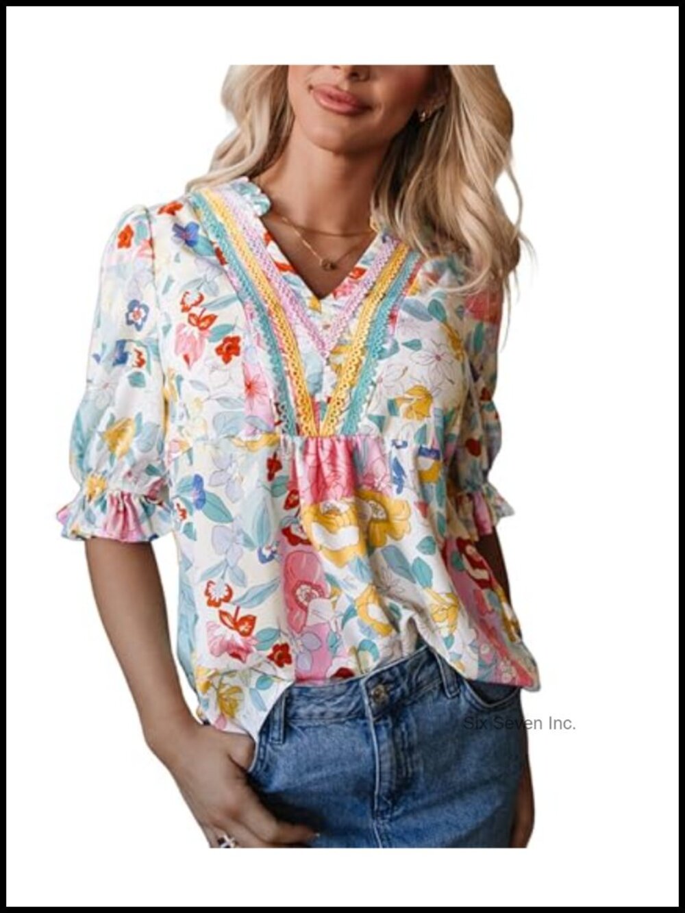 Floral V Neck Puff Sleeve Peasant Blouse Ruffle Hem Summer Top